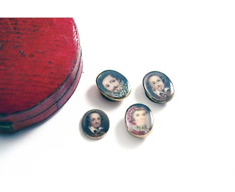 A SET OF THREE 19TH CENTURY GILT-METAL OVAL STUDS each inset with a miniature portrait (a lady and two gentlemen) on ivory, b
