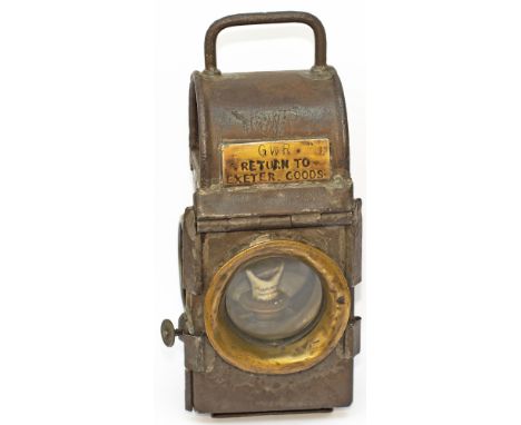 GWR Lorry Lamp. Top stamped GWR and has brass plate GWR Return to Exeter Goods. Original vessel stamped GWR underneath and GW