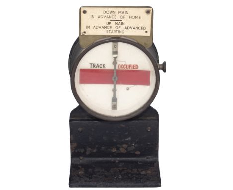 Great Western Railway brass cased circular track circuit banner repeater complete with traffolite plate DOWN MAIN IN ADVANCE 