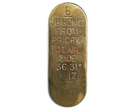 Furness Railway brass signal lever plate from Plumpton Junction box between Grange Over Sands and Ulverston. 6 UP HOME FROM P