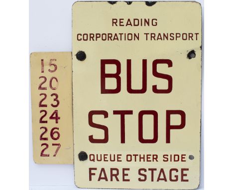 Motoring bus enamel sign READING CORPORATION TRANSPORT BUS STOP QUEUE OTHER SIDE / THIS SIDE FARE STAGE complete with fare st