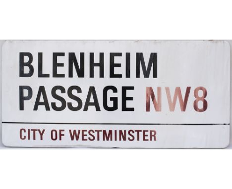 Enamel London motoring Road Sign BLENHEIM PASSAGE NW8 CITY OF WESTMINSTER. Fully flanged enamel in good condition with slight