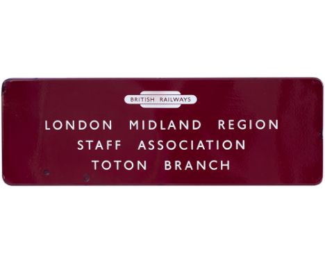 BR(M) FF enamel sign LONDON MIDLAND STAFF ASSOCIATION TOTON BRANCH with British Railways totem at the top. In very good condi