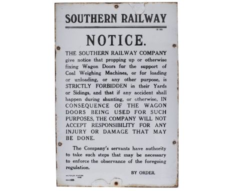 Southern Railway enamel sign re PROPPING UP WAGON DOORS etc WATERLOO STATION 1925. In very good condition with a couple of re