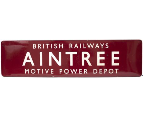 BR(M) FF enamel entrance sign BRITISH RAILWAYS AINTREE MOTIVE POWER DEPOT. In very good condition with minor edge and face ch