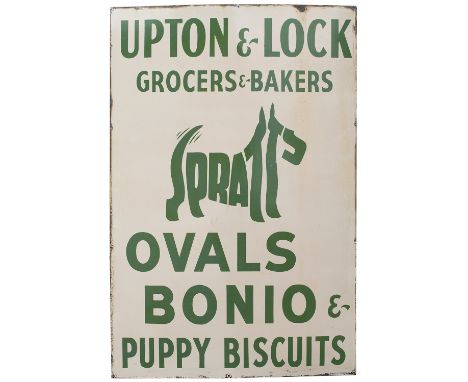 Advertising enamel sign UPTON &amp; LOCK GROCERS &amp; BAKERS SPRATTS OVALS BONIO &amp; PUPPY BISCUITS. In very good conditio
