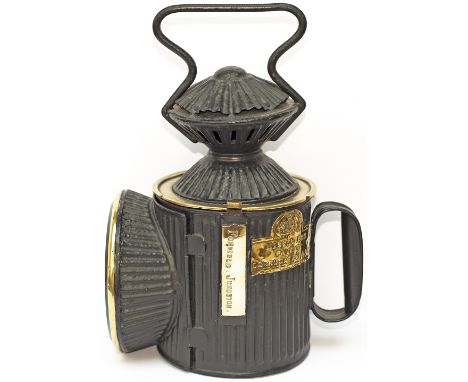 Furness Railway 3 Aspect Hand Lamp brass plated on both sides with 3 plates MESSENGERS PATENT CORRUGATED LAMP, F.R.C. SIGNAL 