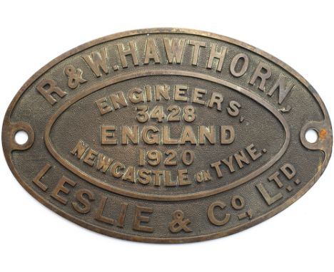 Worksplate R &amp; W HAWTHORN LESLIE &amp; CO LTD ENGINEERS NEWCASTLE ON TYNE ENGLAND 3428 1920. Ex Alexandra (Newport &amp; 