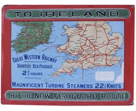 GWR Pictorial Enamel Map TO IRELAND BY THE NEW FISHGUARD ROUTE GREAT WESTERN RAILWAY SHORTEST SEA PASSAGE MAGNIFICENT TURBINE