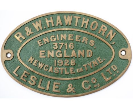 Worksplate R &amp; W HAWTHORN LESLIE &amp; CO LTD ENGINEERS NEWCASTLE ON TYNE ENGLAND 3716 1928. Ex 0-4-0ST supplied new to A
