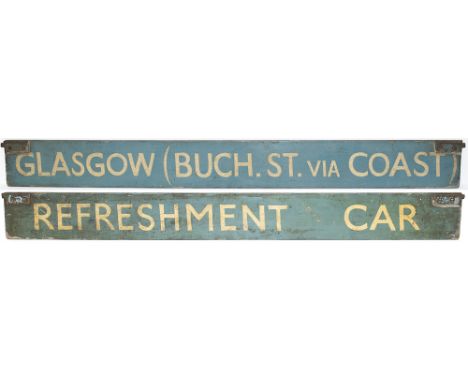 BR(SC) station indicator board GLASGOW (BUCH. ST via COAST) - REFRESHMENT CAR. Double sided painted wood white on light blue 
