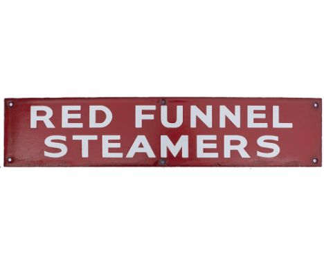 Enamel poster board heading RED FUNNEL STEAMERS. In very good condition with minor edge chipping, measures 18.5in x 4in. Red 