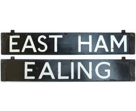 London underground stock enamel destination board, EALING - EAST HAM. In very good condition complete with brass ends. Measur