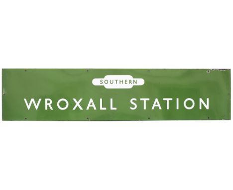 BR(S) light green enamel station fascia sign WROXALL STATION with Southern Totem to top. Measures 52in x 12in and is in excel