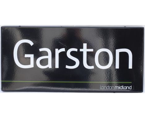 Modern image enamel station sign LONDON MIDLAND GARSTON. Fully flanged in excellent condition measures 30in x 13.75in.