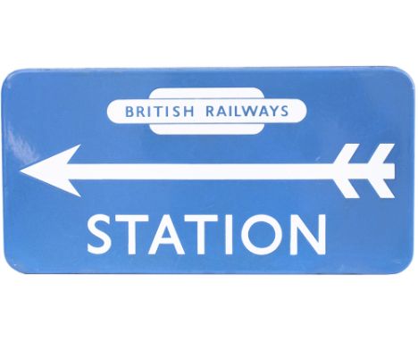 BR(SC) FF enamel direction sign STATION with British Railways totem and left facing arrow. In very good condition with a few 