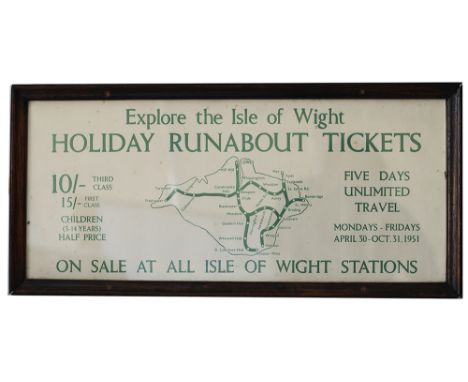 Carriage print EXPLORE THE ISLE OF WIGHT HOLIDAY RUNABOUT TICKETS ON SALE AT ALL ISLE OF WIGHT STATIONS. Dated 1951 and shows