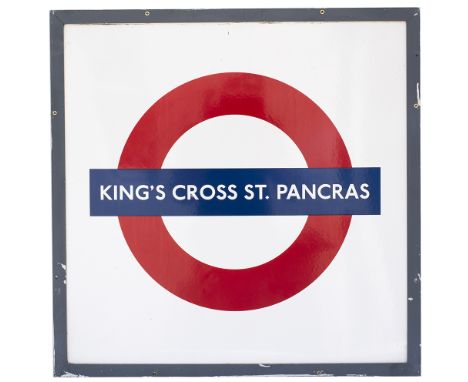 London Underground enamel Target/Bullseye station sign KING'S CROSS ST. PANCRAS. Measures 26.5in x 26.5in and is in very good