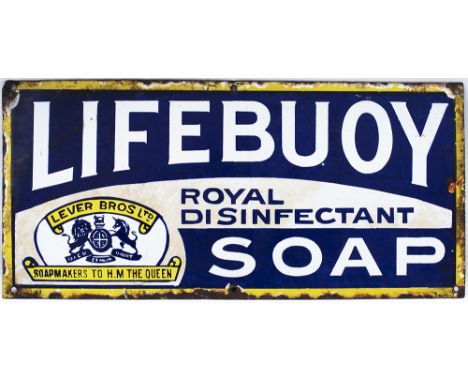 Advertising enamel LIFEBUOY SOAP ROYAL DISINFECTANT LEVER BROS LTD SOAPMAKERS TO H.M. THE QUEEN. In very good condition with 