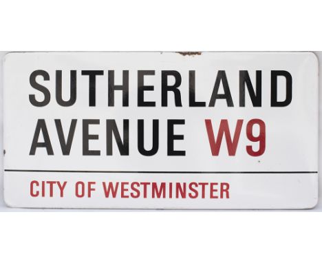 Enamel London motoring Road Sign SUTHERLAND AVENUE W9 CITY OF WESTMINSTER. Fully flanged enamel in very good condition with m
