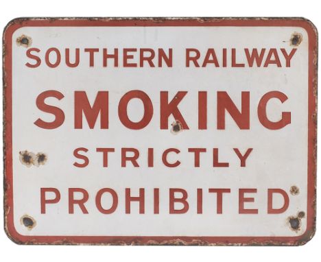 SR enamel sign SOUTHERN RAILWAY SMOKING STRICTLY PROHIBITED. In good condition with some small face chips, measures 16.5in x 