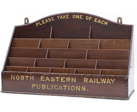 North Eastern Railway mahogany Leaflet Display Rack with gold shaded lettering NORTH EASTERN RAILWAY PUBLICATIONS PLEASE TAKE