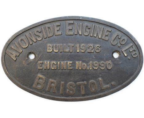 Worksplate AVONSIDE ENGINE CO LTD BRISTOL BUILT 1926 ENGINE No 1990 ex Great Western Railway Collet 1101 class 0-4-0 T number