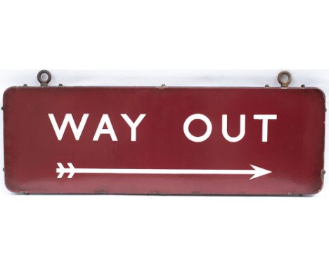 BR(M) FF enamel railway station sign WAY OUT with right facing arrow. In very good condition with minor edge chipping, measur