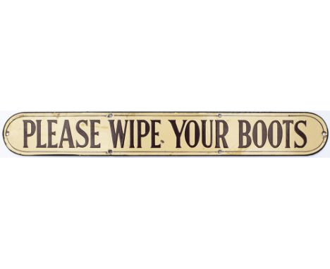 Enamel Post Office doorplate PLEASE WIPE YOUR BOOTS. Measures 18in x 2.5in and is in excellent condition. 