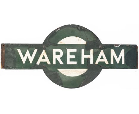 Southern Railway enamel target station sign WAREHAM from the former London &amp; South Western Railway station between Poole 