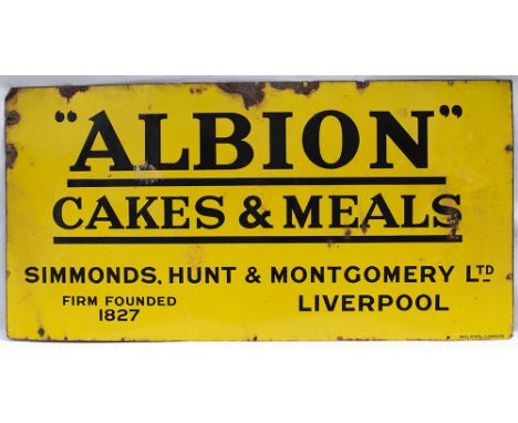 Advertising enamel sign ALBION CAKES &amp; MEALS SIMMONDS HUNT &amp; MONTGOMEREY LTD LIVERPOOL FIRM FOUNDED 1827. In good con