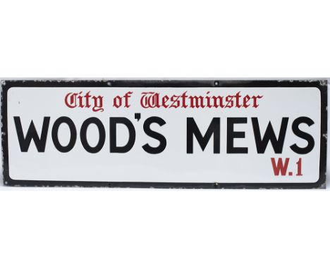 Enamel London motoring Road Sign WOODS MEWS NORTH W1  CITY OF WESTMINSTER. Early style with Gothic script letters in very goo