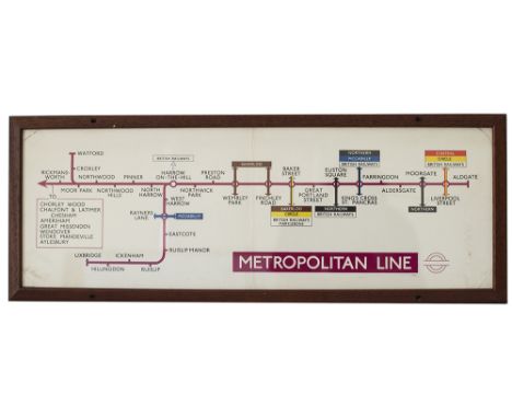 METROPOLITAN LINE Railway Carriage Panel Line Diagram issued in 1961 showing the route from Aldgate to Uxbridge, Watford and 