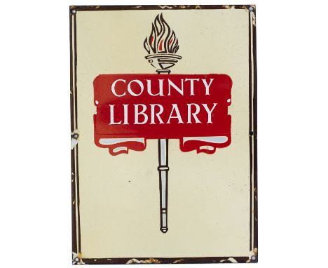 Enamel advertising sign COUNTY LIBRARY. In very good condition with minor edge chipping, measures 18in x 13in.  
