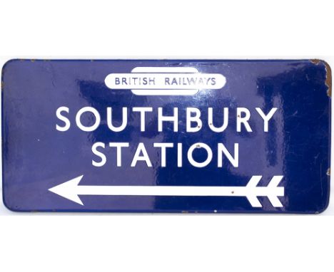 BR(E) FF enamel direction sign SOUTHBURY STATION with British Railways totem and left facing arrow, from the former Great Eas