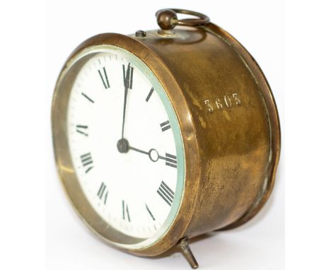 GWR brass drum clock with enamel dial. Stamped 3603 on the case and back. The French movement has had the GWR modified winder