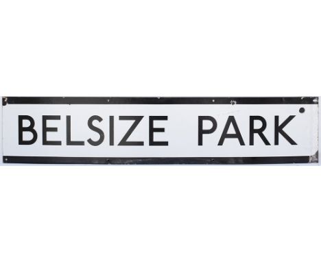 London Underground enamel station frieze sign BELSIZE PARK. In good condition with some chipping measures 43in x 9in.  
