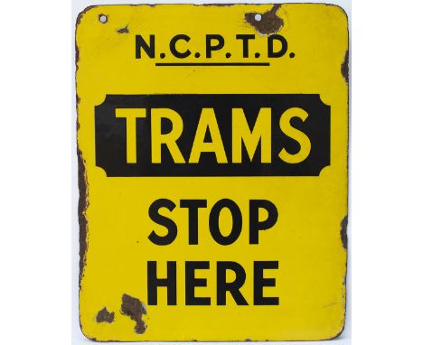 Tram enamel sign N.C.P.T.D. TRAMS STOP HERE. A double sided sign from Nottingham measuring 12in x 13in. In good condition wit