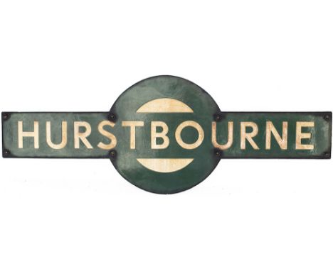 Southern Railway enamel target station sign HURSTBOURNE from the former London &amp; South Western Railway station between Ba