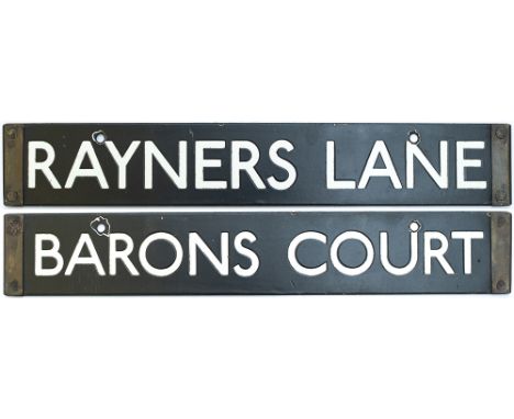 London underground stock enamel destination board, RAYNERS LANE - BARONS COURT. In very good condition complete with brass en