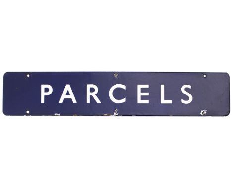 BR(E) enamel doorplate PARCELS. In very good condition with minor edge chipping, measures 18in x 3.5in.