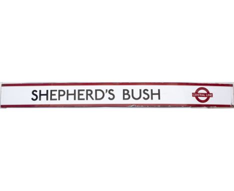 London Underground enamel frieze sign SHEPHERD'S BUSH with Central Line Logo. In good condition with some chipping measures 8