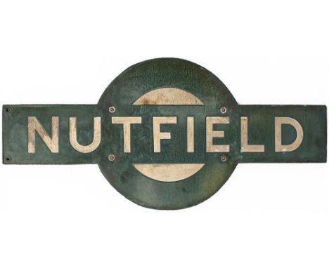 Southern Railway enamel target station sign NUTFIELD from the former South Eastern and Chatham Railway station between Red Hi