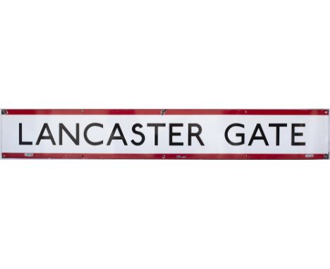 London Transport enamel frieze sign LANCASTER GATE. In good condition with some chipping measures 60in x 9in.