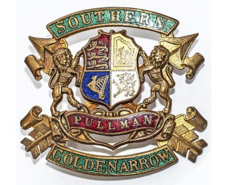 Southern Railway enamel cap badge SOUTHERN GOLDEN ARROW PULLMAN. In excellent condition complete with both mounting lugs and 