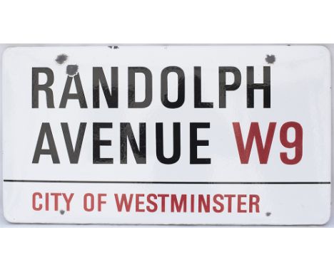 Enamel London motoring Road Sign RANDOLPH AVENUE  W9  CITY OF WESTMINSTER. Fully flanged enamel in good condition with minor 
