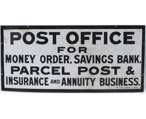 Post Office enamel sign POST OFFICE FOR MONEY ORDER, SAVINGS BANK. PARCEL POST &amp; INSURANCE AND ANNUITY BUSINESS. In good 