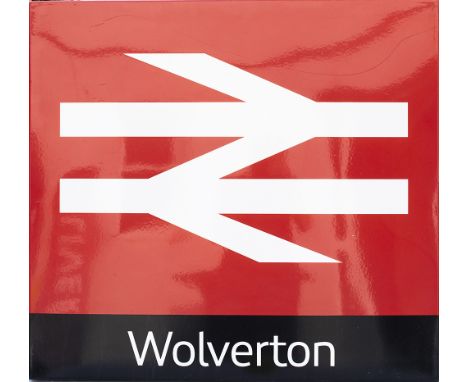 British Railways modern image enamel station entrance sign WOLVERTON with Double Arrow logo. Fully flanged in excellent condi