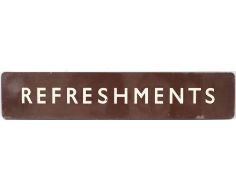 BR(W) FF enamel sign REFRESHMENTS. In very good condition with minor face and edge chipping measures 60in x12in, ex Newton Ab