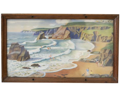 Carriage print NORTH CORNWALL by Adrian Allinson from the Southern Railway Series. In an original glazed frame, print measure
